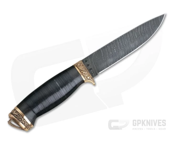 Olamic Cutlery Suna Stacked Leather Bronze Fittings Damascus Fixed Blade 3 Olamic Cutlery Suna Stacked Leather Bronze Fittings Damascus Fixed Blade - Image 3